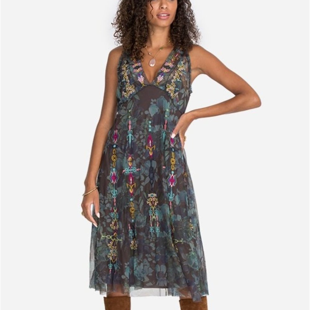 Johnny Was Caddie Embroidered Mesh Dress